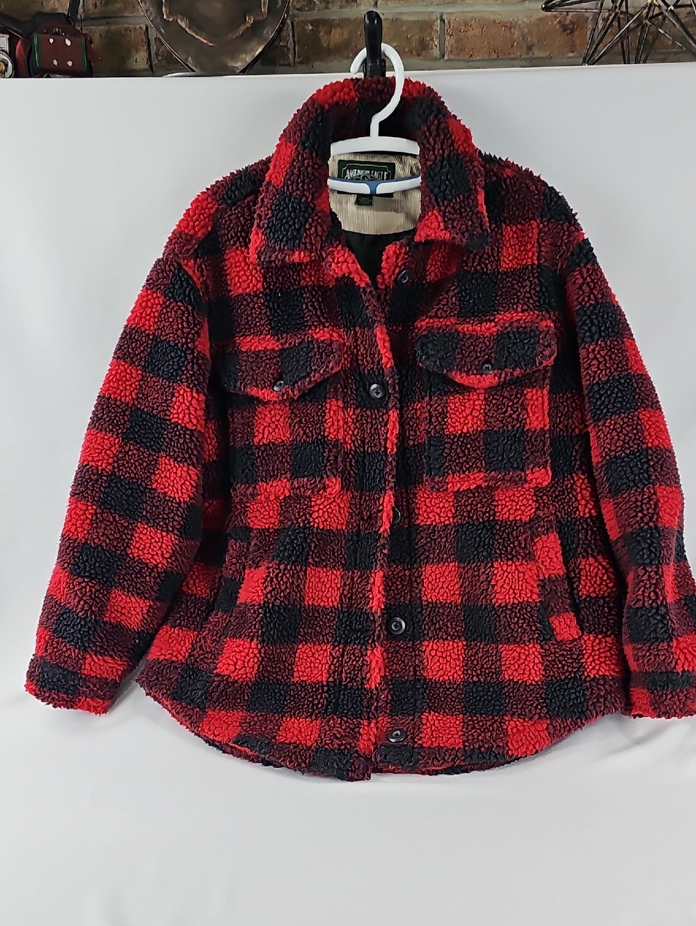 American Eagle Red & Black Sherpa-Lined Plaid Jacket